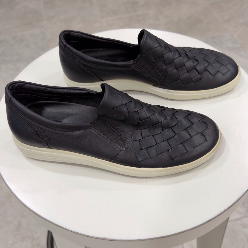Ecco Soft 7 Woven Black Leather Loafers Sneakers Shoes Womens Size US 5 EU 36